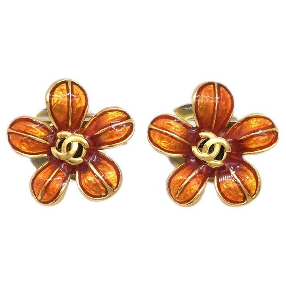 Chanel Piercing Earrings Gold Brown Flower 03P - Picture 1 of 5